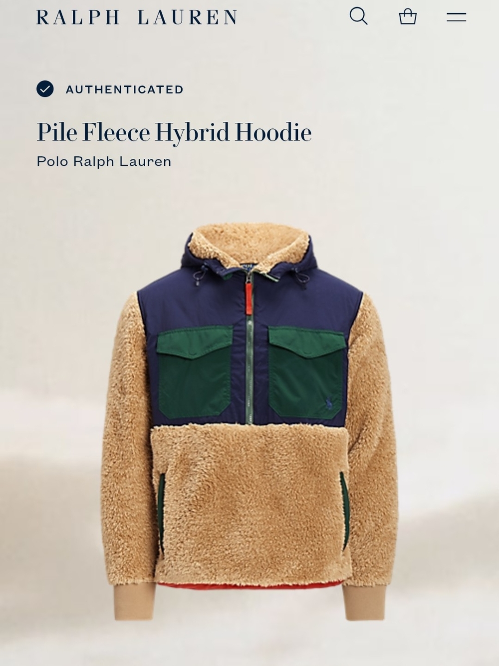 Polo by Ralph Lauren Tan Pile Fleece Hybrid Hoodie with Navy & Green Panels